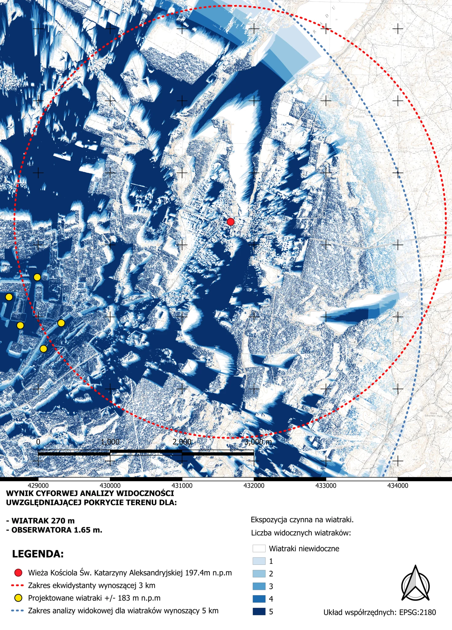 Analiza widoczności QGIS — zasięg widoczności turbiny wiatrowej 270 m, Stężyca