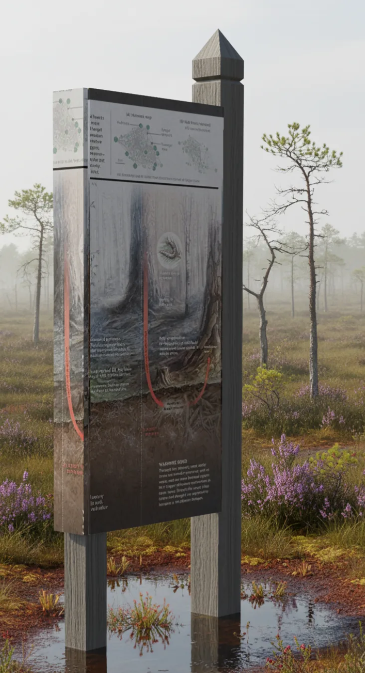 Tablica edukacyjna na torfowisku Baligówka — ścieżka przyrodnicza Natura 2000 w Czarnym Dunajcu